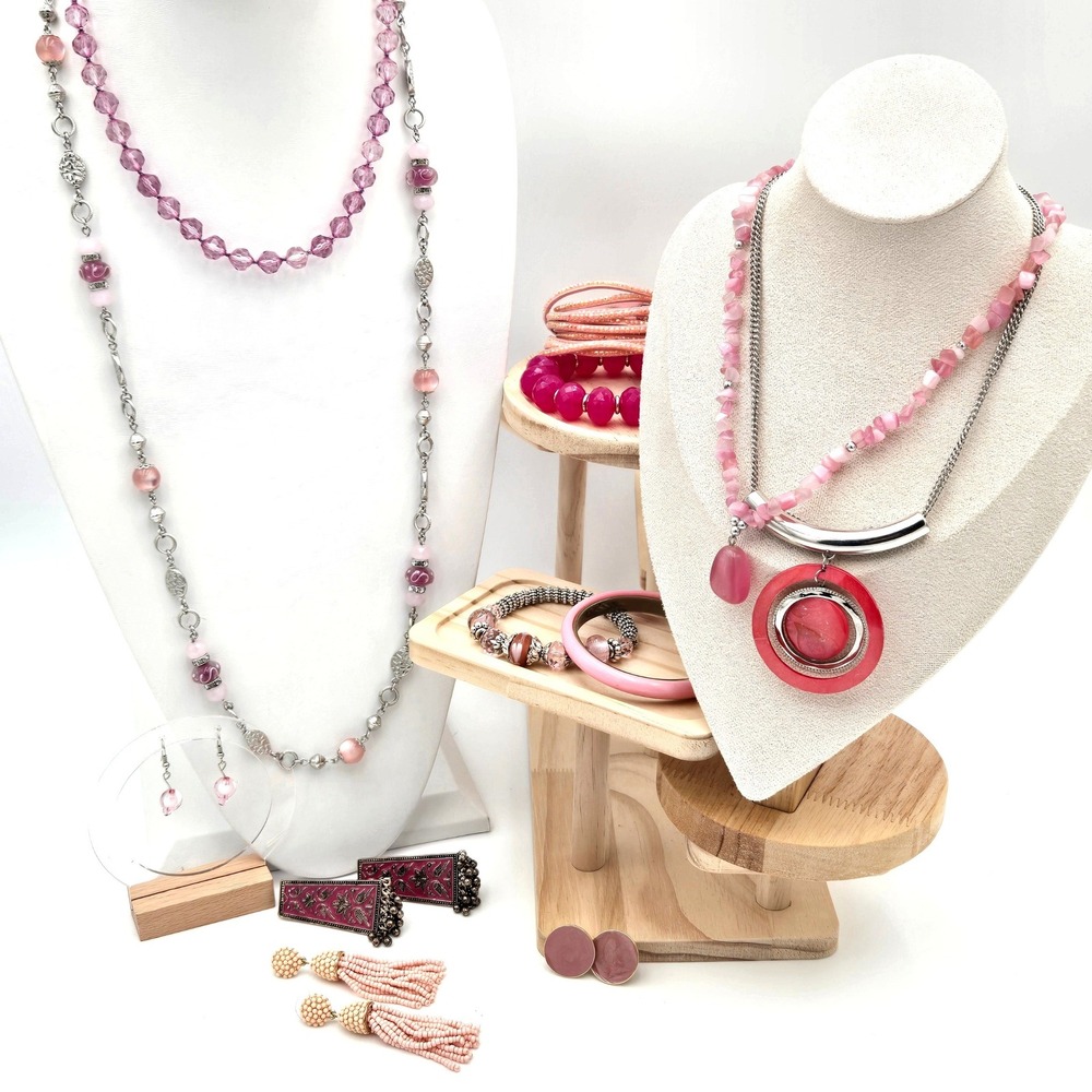 Pink Perfection Curated Mixed Jewelry Lot 12pc Set Bracelets Earrings Necklaces